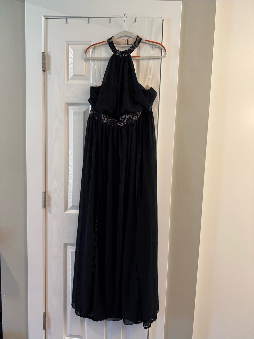 Black Halter Maxi Dress with Lace Waist Detail